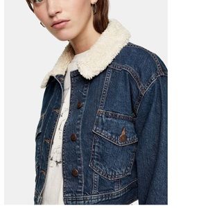TopShop Crop Denim Jacket Shearling Collar NWT